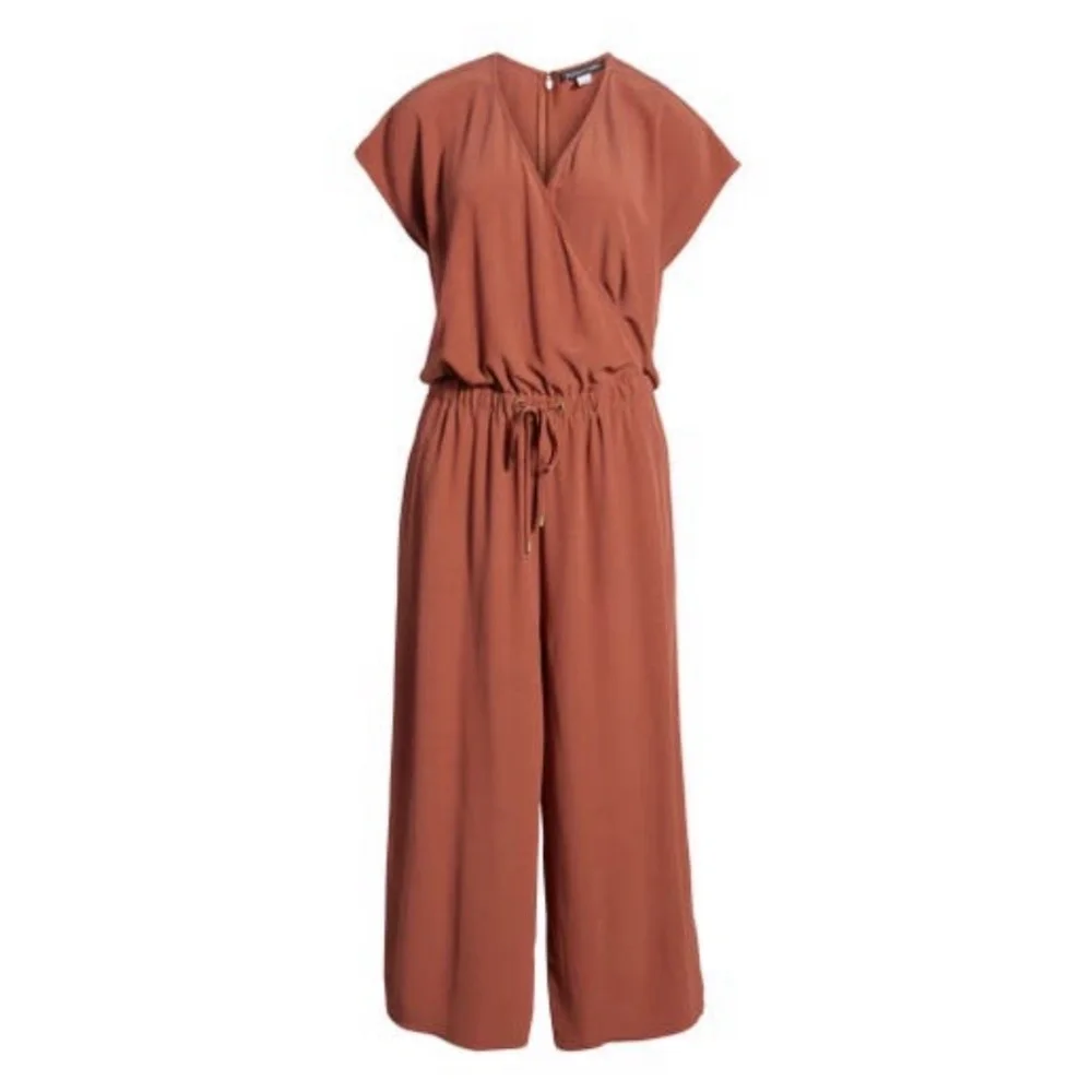Eileen Fisher -Crepe Ruset Cap Sleeve Drawstring Wide Leg Crop Jumpsuit - Large - Picture 2 of 16